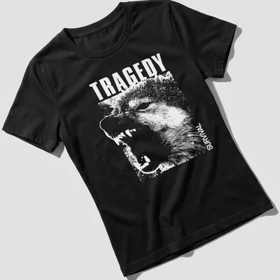 Bold white text 'TRAGEDY SURVIVAL' on a — printed on a women's shirt