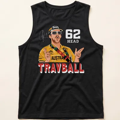 Cartoon illustration of Travis Head with colorful text and graphics — printed on a tank top