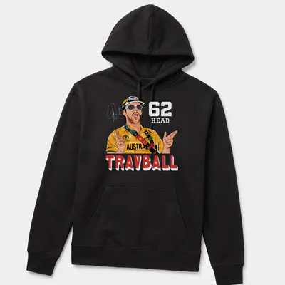 Cartoon illustration of Travis Head with colorful text and graphics — printed on a unisex hoodie