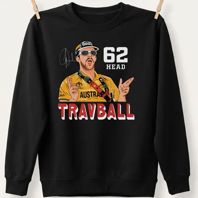 Cartoon illustration of Travis Head with colorful text and graphics — printed on a unisex sweatshirt