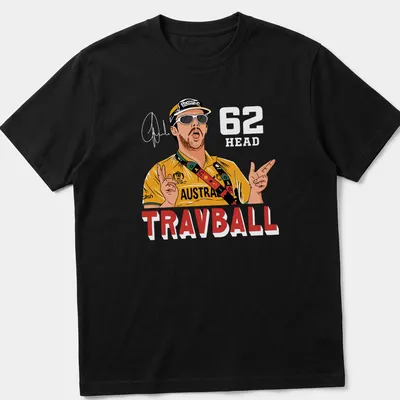 Cartoon illustration of Travis Head with colorful text and graphics