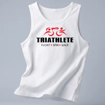 Bold triathlete graphic with text in red, black, and white — printed on a tank top