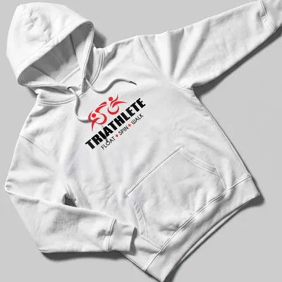 Bold triathlete graphic with text in red, black, and white — printed on a unisex hoodie