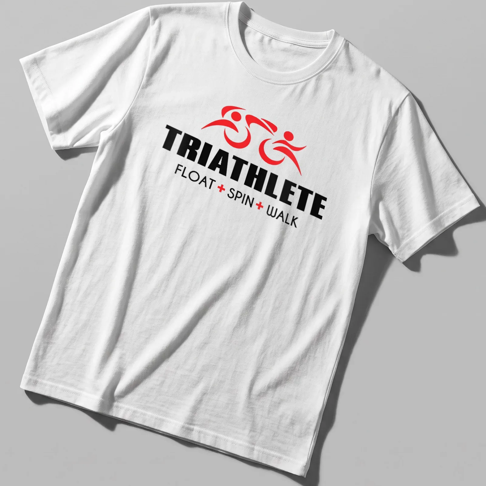 Bold triathlete graphic with text in red, black, and white — printed on a unisex t-shirt