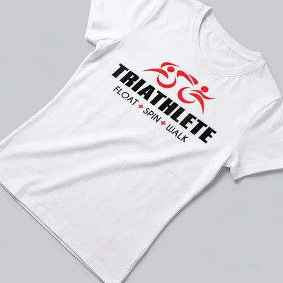 Bold triathlete graphic with text in red, black, and white — printed on a women's shirt