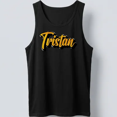 Personalized Tristan t-shirt with bold script in yellow and black — printed on a tank top