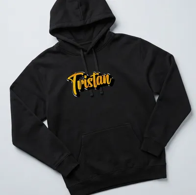 Personalized Tristan t-shirt with bold script in yellow and black — printed on a unisex hoodie