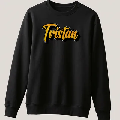 Personalized Tristan t-shirt with bold script in yellow and black — printed on a unisex sweatshirt