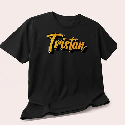 Personalized Tristan t-shirt with bold script in yellow and black — printed on a unisex t-shirt (angled view)