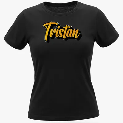 Personalized Tristan t-shirt with bold script in yellow and black — printed on a women's shirt
