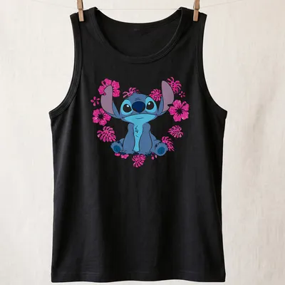 Cartoon alien character Stitch with heart flowers in blue, pink, white, and green. — printed on a tank top