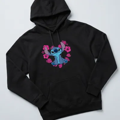 Cartoon alien character Stitch with heart flowers in blue, pink, white, and green. — printed on a unisex hoodie