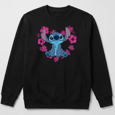 Cartoon alien character Stitch with heart flowers in blue, pink, white, and green. — printed on a unisex sweatshirt