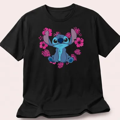 Cartoon alien character Stitch with heart flowers in blue, pink, white, and green.