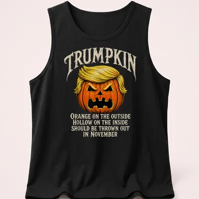 Vintage illustration of a Trumpkin pumpkin with humorous text about November — printed on a tank top