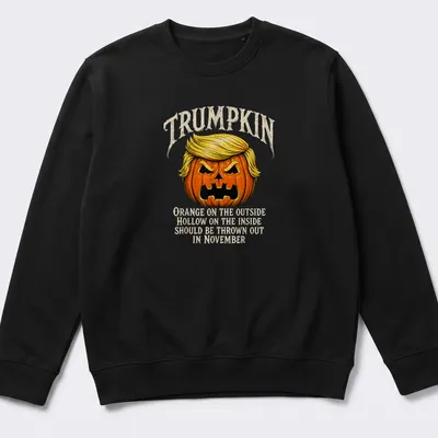 Vintage illustration of a Trumpkin pumpkin with humorous text about November — printed on a unisex sweatshirt
