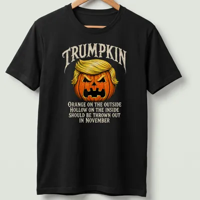 Vintage illustration of a Trumpkin pumpkin with humorous text about November