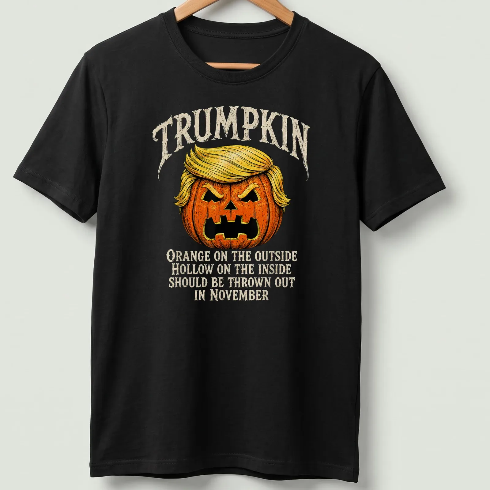 Vintage illustration of a Trumpkin pumpkin with humorous text about November — printed on a unisex t-shirt