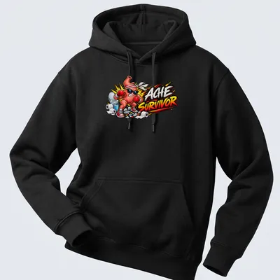 Cartoon stomach character with 'ACHE SURVIVOR' text in comic book style — printed on a unisex hoodie
