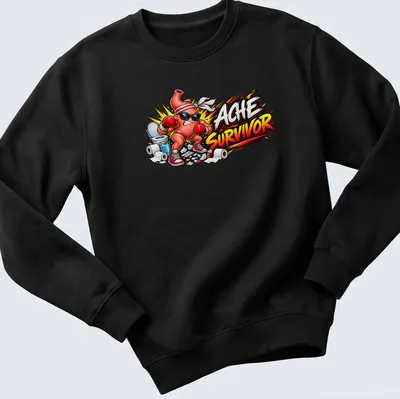 Cartoon stomach character with 'ACHE SURVIVOR' text in comic book style — printed on a unisex sweatshirt