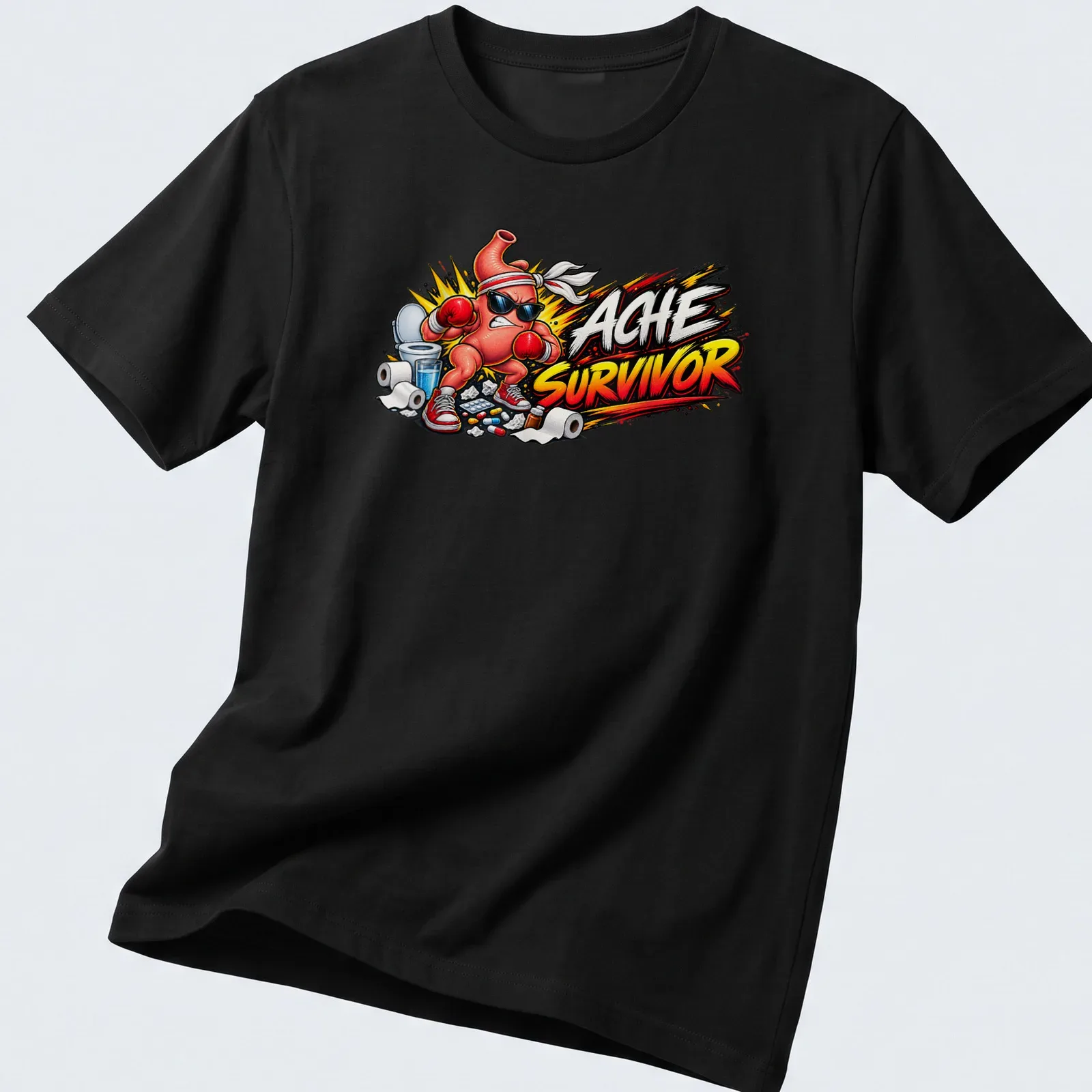 Cartoon stomach character with 'ACHE SURVIVOR' text in comic book style — printed on a unisex t-shirt