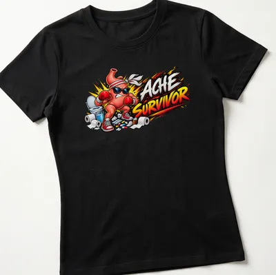 Cartoon stomach character with 'ACHE SURVIVOR' text in comic book style — printed on a women's shirt