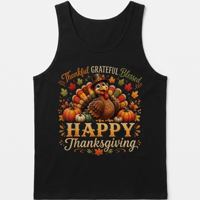 Colorful cartoon turkey with Thanksgiving text in bright colors — printed on a tank top