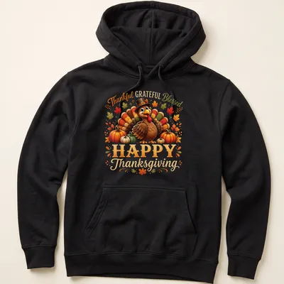 Colorful cartoon turkey with Thanksgiving text in bright colors — printed on a unisex hoodie
