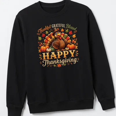 Colorful cartoon turkey with Thanksgiving text in bright colors — printed on a unisex sweatshirt