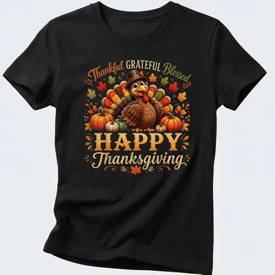 Colorful cartoon turkey with Thanksgiving text in bright colors — printed on a women's shirt