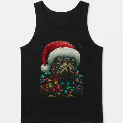 Illustration of a turtle with a Santa hat and colorful Christmas lights — printed on a tank top