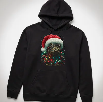 Illustration of a turtle with a Santa hat and colorful Christmas lights — printed on a unisex hoodie