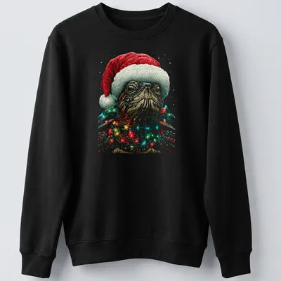 Illustration of a turtle with a Santa hat and colorful Christmas lights — printed on a unisex sweatshirt