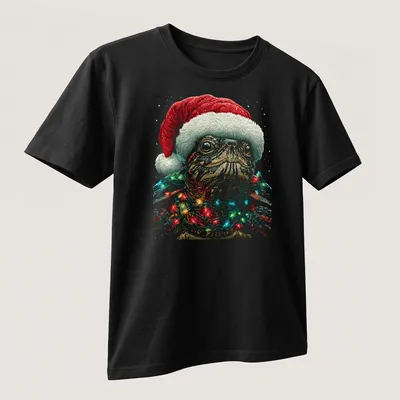Illustration of a turtle with a Santa hat and colorful Christmas lights — printed on a unisex t-shirt (angled view)