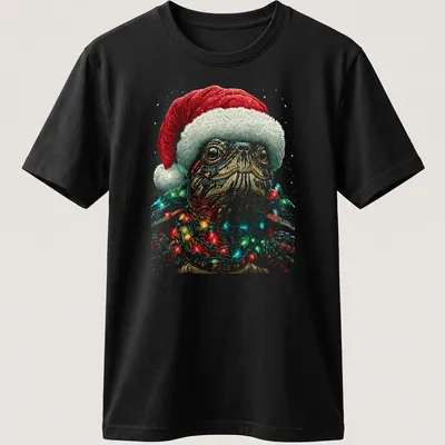 Illustration of a turtle with a Santa hat and colorful Christmas lights