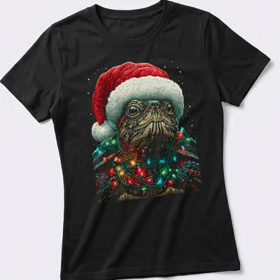 Illustration of a turtle with a Santa hat and colorful Christmas lights — printed on a women's shirt