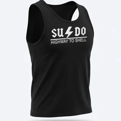 Tux penguin with bold text reading SUDO HIGHWAY TO SHELL on a black and white — printed on a tank top