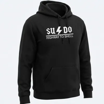Tux penguin with bold text reading SUDO HIGHWAY TO SHELL on a black and white — printed on a unisex hoodie
