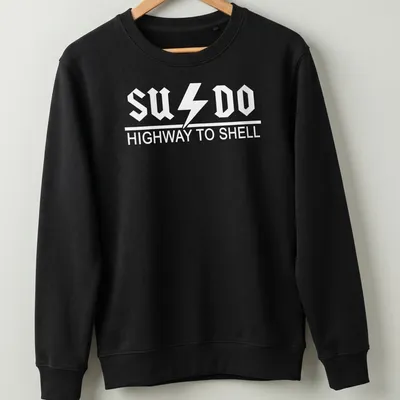 Tux penguin with bold text reading SUDO HIGHWAY TO SHELL on a black and white — printed on a unisex sweatshirt