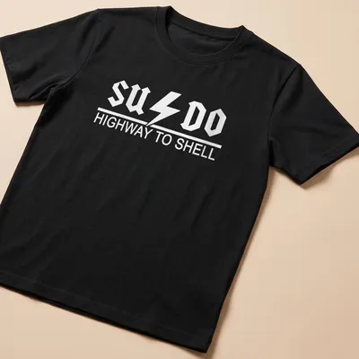 Tux penguin with bold text reading SUDO HIGHWAY TO SHELL on a black and white shirt
