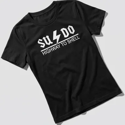 Tux penguin with bold text reading SUDO HIGHWAY TO SHELL on a black and white — printed on a women's shirt
