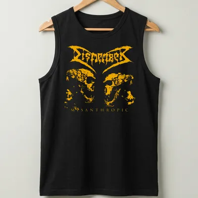 Grunge style t-shirt with twin skulls and 'Dismember Misanthropic' text in yellow — printed on a tank top