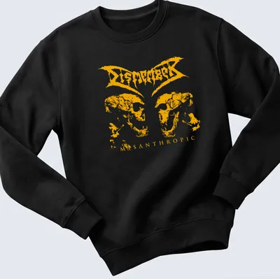 Grunge style t-shirt with twin skulls and 'Dismember Misanthropic' text in yellow — printed on a unisex sweatshirt