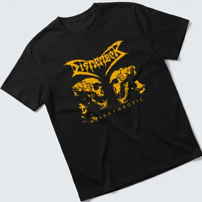 Grunge style t-shirt with twin skulls and 'Dismember Misanthropic' text in yellow