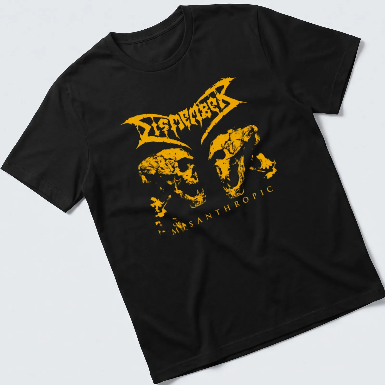 Grunge style t-shirt with twin skulls and 'Dismember Misanthropic' text in yellow — printed on a unisex t-shirt