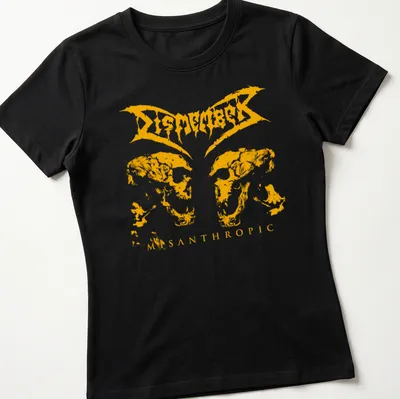 Grunge style t-shirt with twin skulls and 'Dismember Misanthropic' text in yellow — printed on a women's shirt