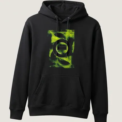 Type O Negative logo on a colorful abstract background in green, yellow, and white. — printed on a unisex hoodie