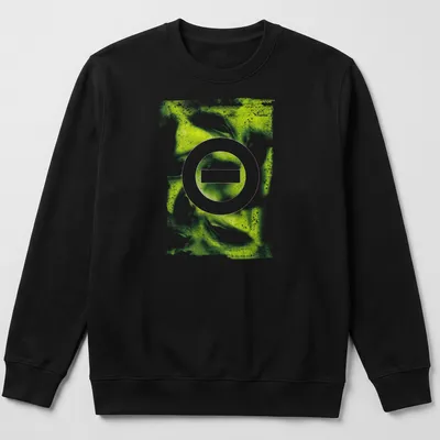 Type O Negative logo on a colorful abstract background in green, yellow, and white. — printed on a unisex sweatshirt