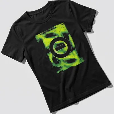 Type O Negative logo on a colorful abstract background in green, yellow, and white. — printed on a women's shirt