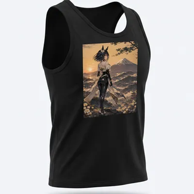 Anime illustration of Uma Musume character at sunset with Mount Fuji background — printed on a tank top